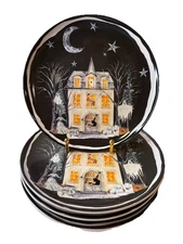 Potter's Studio Halloween Haunted HouseWitch Ghost Black Salad Plates Set 4 New