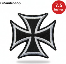 Large Maltese Iron Cross Back Patch Embroidered Iron On Biker Jacket Vest 7.5 In