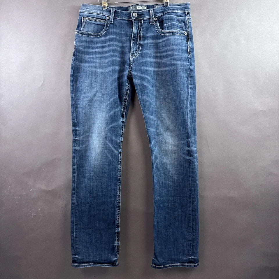 Pantalones de mezclilla con hebilla BKE para hombre 36x34 azul Tyler lavado bigotes rectos Foto 2 de 4