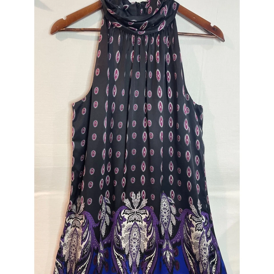 Vestido de seda vintage sin mangas negro y púrpura estampado cachemira cuello halter talla M Foto 2 de 4