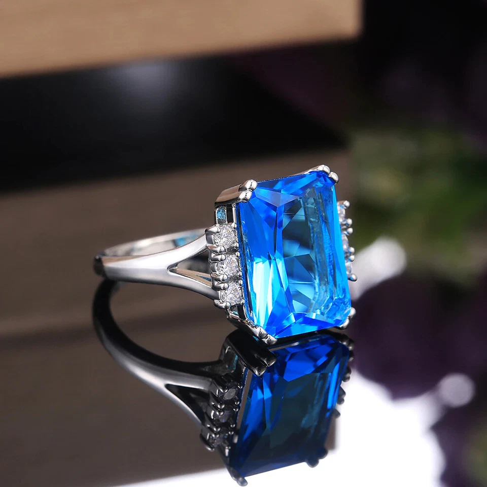 Prezioso Anello con Zirconi Blu Per Donna Elegante Fedina Matrimonio Nova Moda - Immagine 4 di 4