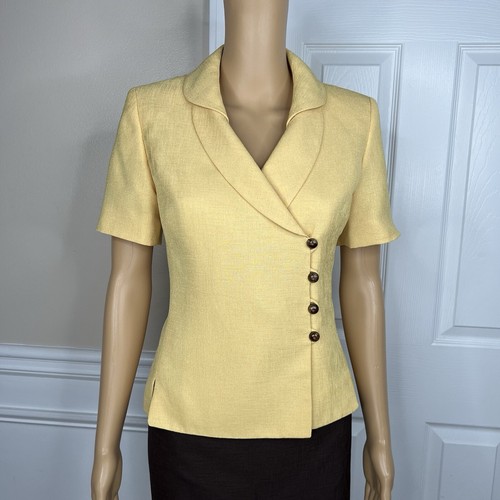 LE SUIT Polyester Skirt Suit 4P Brown Yellow Shawl Collar Wrap Short Sleeves 2PC - Picture 3 of 10