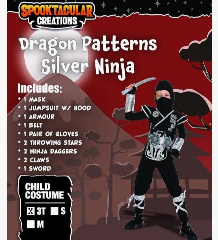Disfraz de Halloween Silver Ninja Dragon Patrones Niños 28" Pecho Negro Foto 2 de 4