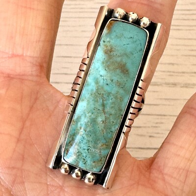 Navajo Long Rectangle Turquoise Ring Sz Sterling Signed PA