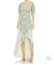 MAC DUGGAL 93681 Sequined Dress -High Low Sage Green - Butterfly Sleeves Size 14