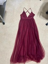 Burgundy Tulle Maxi Dress, Size M - Elegant Strappy Back Evening Gown