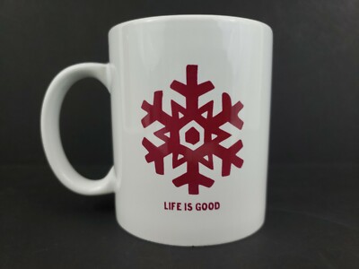 Life Is Good Snowflake Coffee Mug Cup Ceramic Holidays Tea Drink Skiing White 