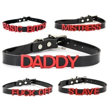 Name Choker -Silver Slave Daddy-Bdsm-Slut-Neck-Collar-Leash--Adult-Kinky-PVC
