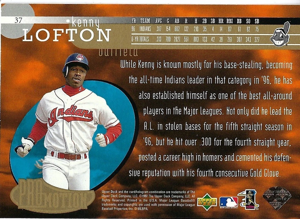 KENNY LOFTON 1997 UPPER DECK UD3 PROMOTION CARD 37 CLEVELAND INDIANS - Image 2 of 2