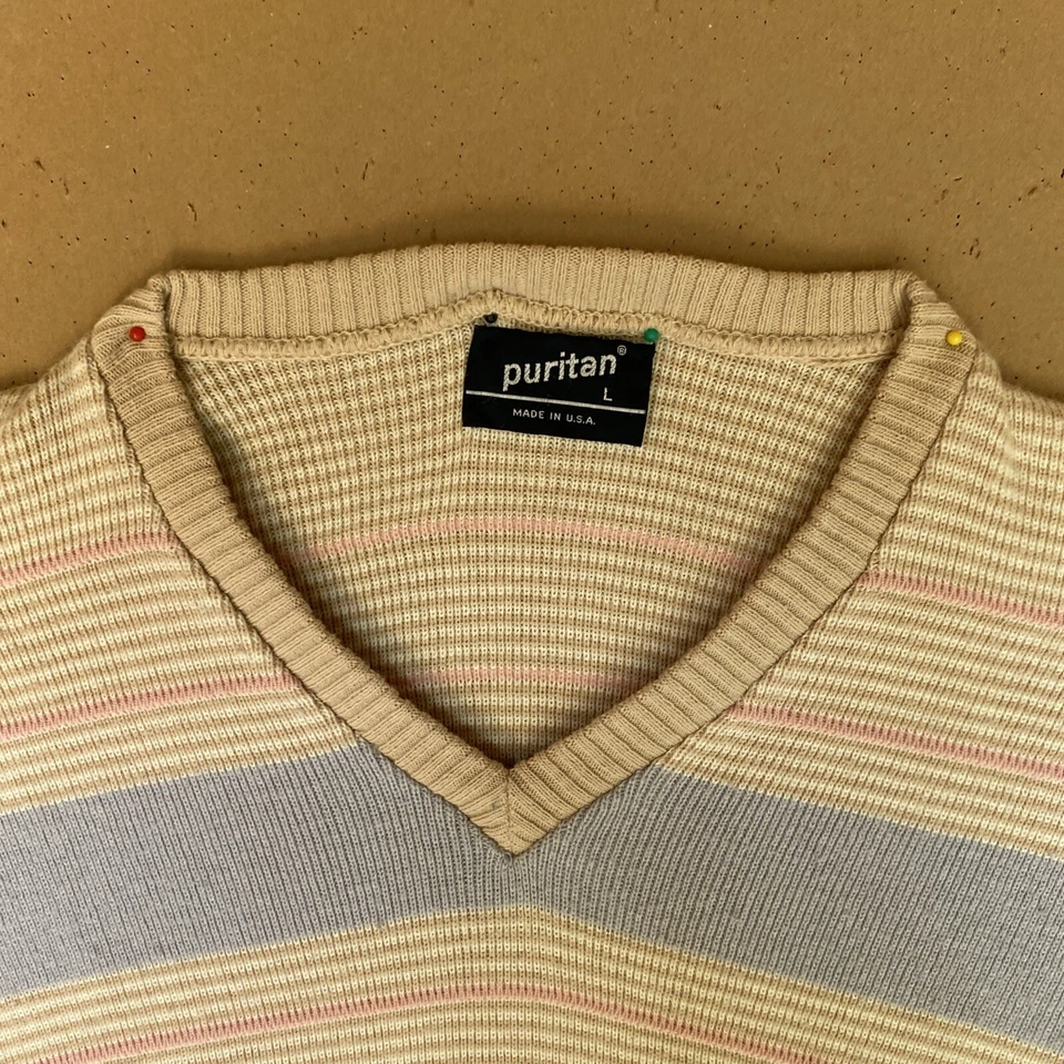Vintage PURITAN Tan Pink Purple V Neck Pullover SWEATER MEN'S Size L 0087 Foto 3 de 4