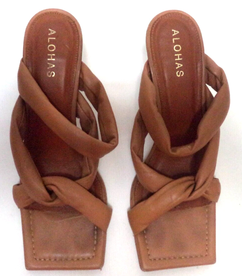 Alohas Twist Strap Cuero Marrón Tacones Sandalias Puntera Cuadrada España Talla 38 7.5 Foto 3 de 4