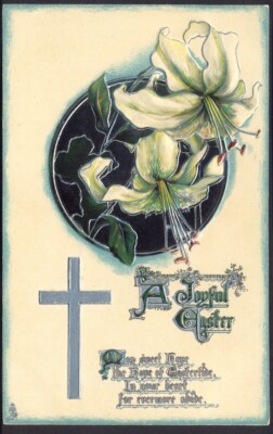 ''Ein freudiges Ostern'' Vintage Gruß Postkarte. Hervorragend geprägte Lilien. Gratis Versand