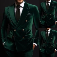 Green Velvet Men Suit Double Breasted Peak Lapel Formal Business Wedding 2 Piece