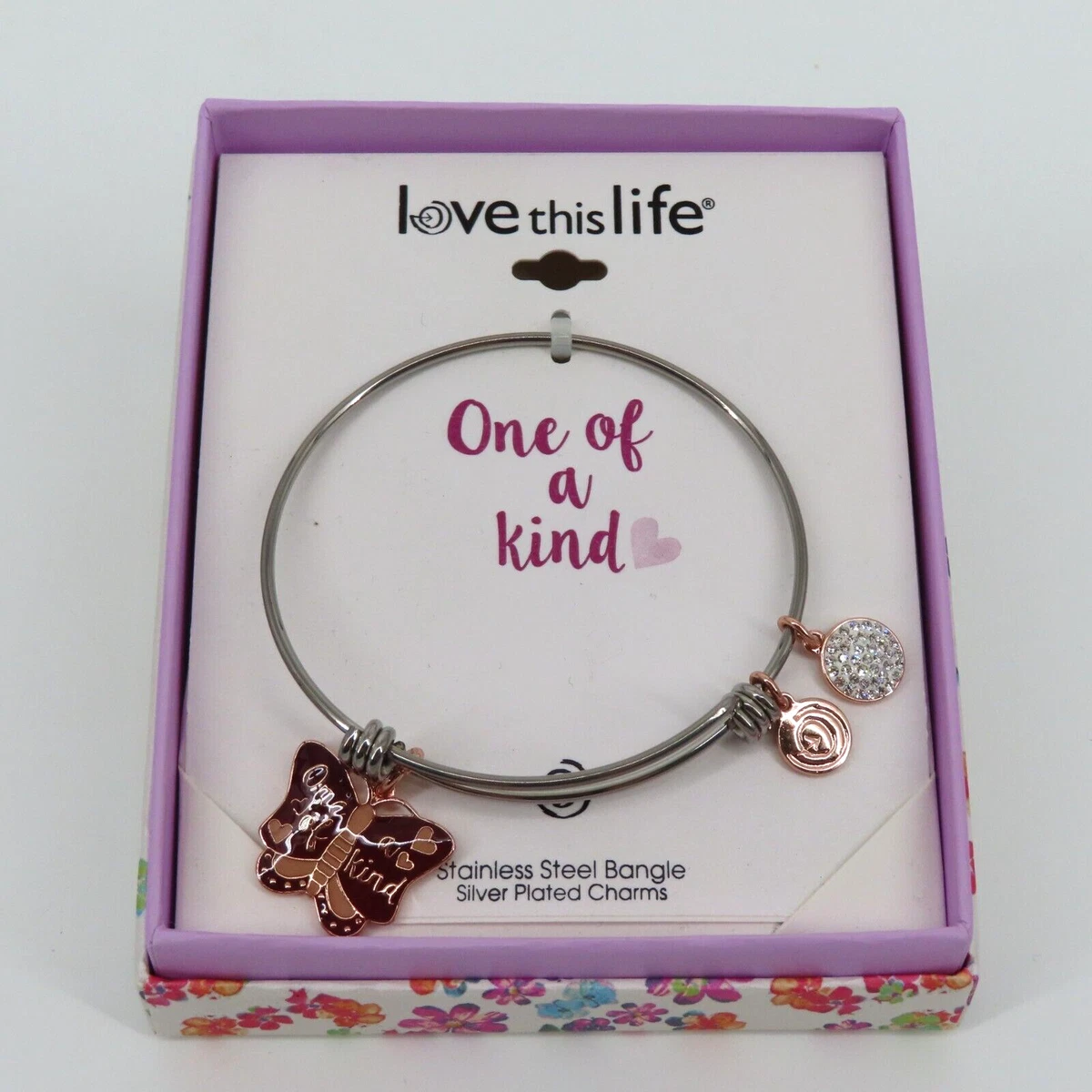 Love This Life One of A Kind Butterfly Charm Stainless Steep Bangle  Bracelet NEW