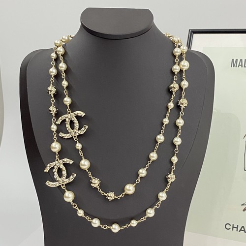 😍CHANEL Metal Ball Pearl Long 3 CCS Sweater Chain Necklace with Crystals 24C