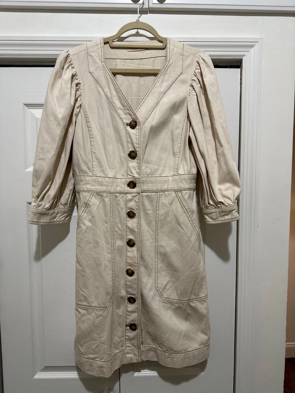 Abito Tory Burch cotone manica a sbuffo avorio con bottoni davanti