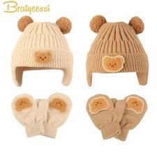 Cute Bear Baby Winter Hat  Gloves Set, Knitted Beanie w/ Earflaps 1-3Y Toddler