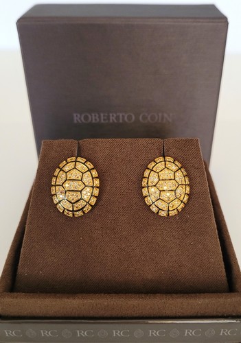 Roberto Coin 18K Yellow Gold Diamond Enamel Tartaruga Stud Earrings - Picture 11 of 13