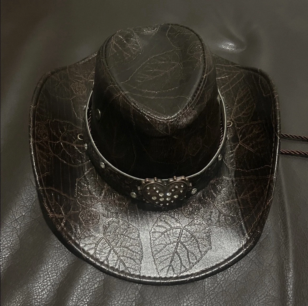 Unisex Dark Brown Embossed Leather Western Hat With Heart & Studded Band
Opens in a new window or ta
