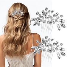 2 Pcs Bridal Hair Comb Rhinestone Silver Flower Headpieces Wedding Accessory