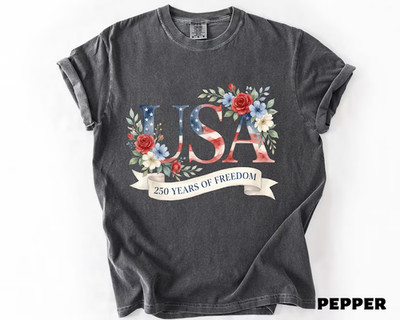 USA 250th Anniversary Floral Shirt, Patriotic Botanical American Flag T-Shirt