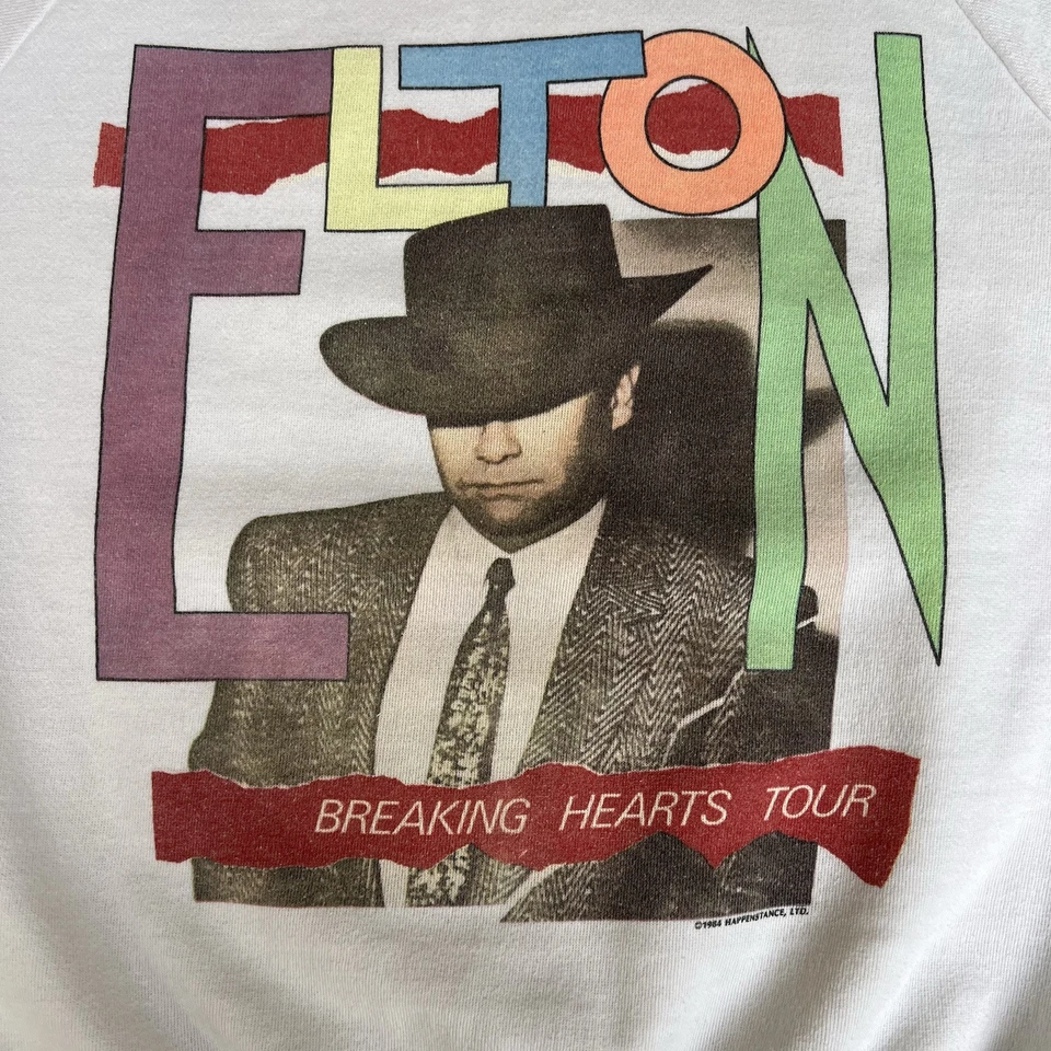 Sudadera De Colección 1984 Para Hombre Elton John Tour Blanca Corte Raglán Cuello Redondo Pequeña 20x24" Foto 3 de 4