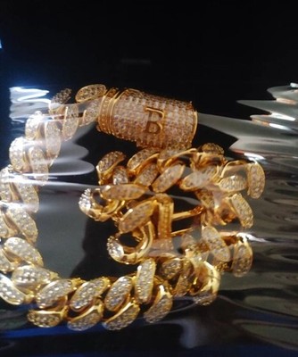 Etevon Thick Mens Cuban Link Initial B Gold Plated Cubic Zirconia 8'' Bracelet