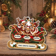 Personalised Christmas Bauble Reindeer Family 3 Names Sleigh Xmas Decoration