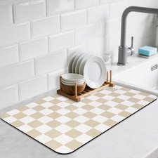 Checkered Dish Drying Mat for Kitchen Counter, 12" X 20", Beige Quick Dry, Abs