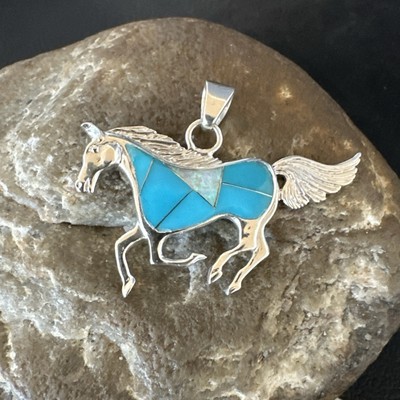 Horse Inlay Southwestern Cowboy Blue Turquoise Sterling Silver Pendant 2  19160
