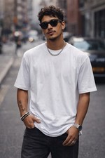 2 Pack White Short Sleeve T-Shirt, Long Length, Bottom Even Split.  Size Large