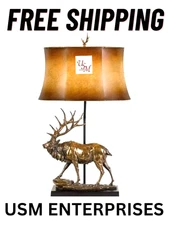 🦌 Elk Deer Antique Bronze Table Lamp with Leatherette Shade