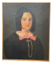 ANTIQUE 19th Century Oil Painting - PORTRAIT of a LADY Pink Bow Lace Amethyst