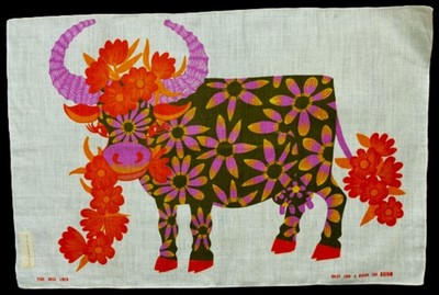 MWT Circa 60s/70s BELINDA LYON Oxfam DAISY COW Tea Towel Wall Art Linen
