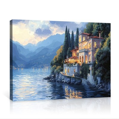 Canvas Wall Art Print Lakeside Villa Painting Poster Artwork Decor Landscape 