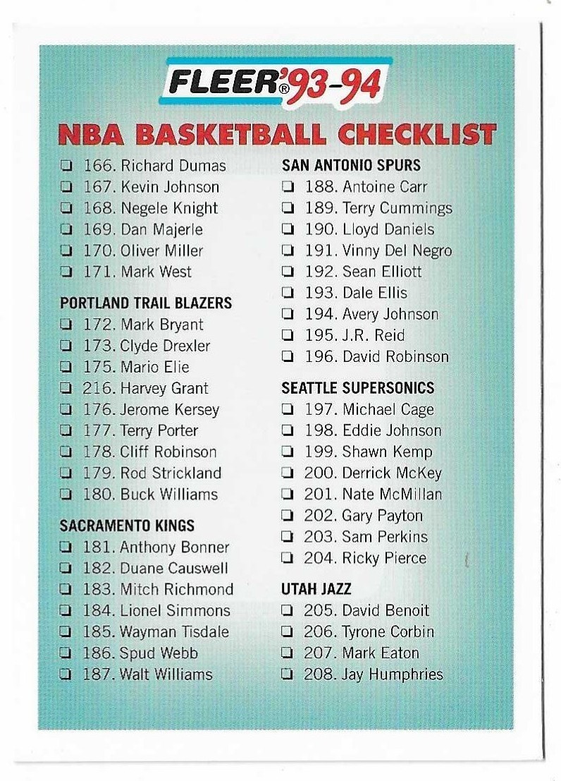 1993-94 Fleer Basketball Checklist 166-240 Card #240