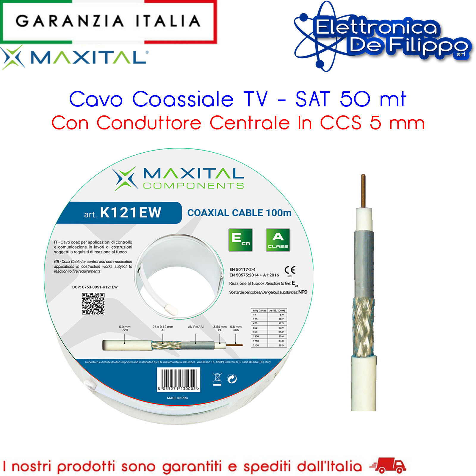 Cavo Coassiale TV - SAT 50 mt Con Conduttore Centrale In CCS 5 mm