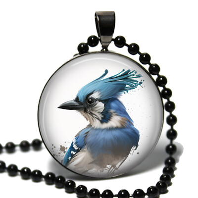 Blue Jay Bird Lover Pendant Necklace Handcrafted Glass Top Photo Jewelry 