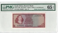 South Africa Radar Serial # 090090 1 Rand 1975 Pick#116b PMG: 65 EPQ. #PL2555