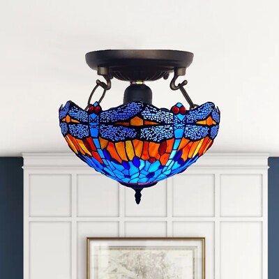 Tiffany Libelle Stil Antik Blau Deckenlampe 16 Zoll Schirm Buntglas