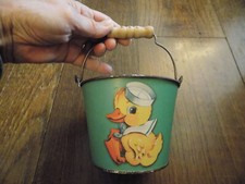 Vtg Mini Metal Pail Wire Wooden Handle ADORABLE Baby Duck Decals 3.75" T x 5"