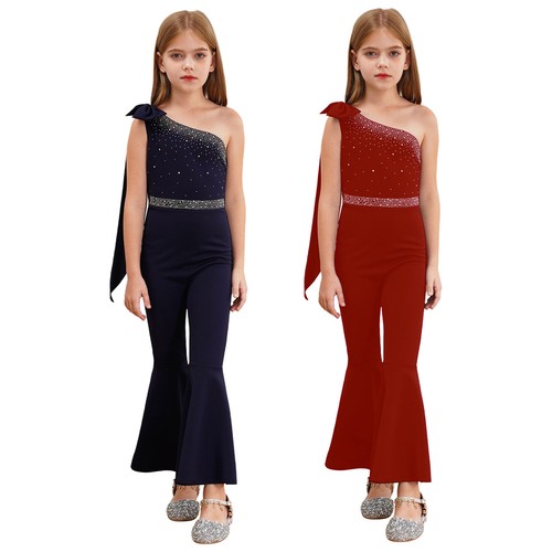 Kids Girls Bodysuit Bell-Bottom Rompers Elegant Jumpsuit Rhinestones Costume - Picture 2 of 30