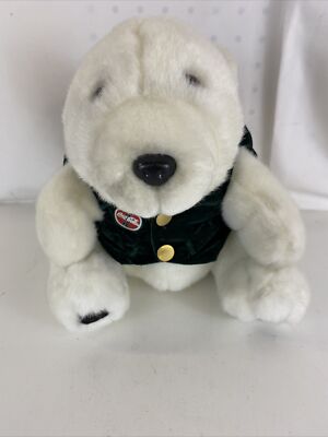 Coke Brand Plush Polar Bear White Coca Cola 1993 w Green Vest 10'' Tall Setting