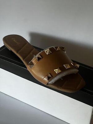 Qupid Hazy-181 Women's Studded Slide Sandals Tan PU W Gold Tone SZ 