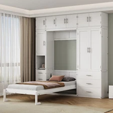 Twin Size Bed Frame Murphy Bed with Lockers and Wardrobes for Bedroom White