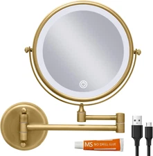 Wall Mounted Lighted 8 Inches Rechargeable Double-Sided 1X/10X Magnifying Mirror