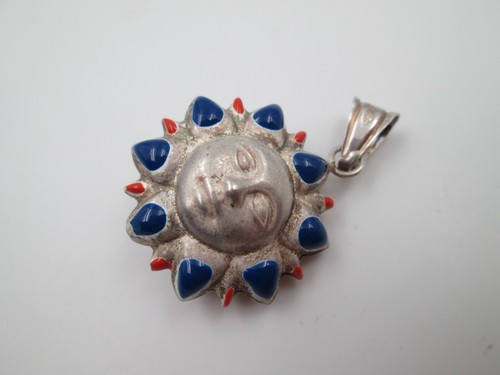 Vintage 925 Sterling Silver & Enamel Sun Women's Pendant 1990s Perfect Gift - Picture 2 of 7