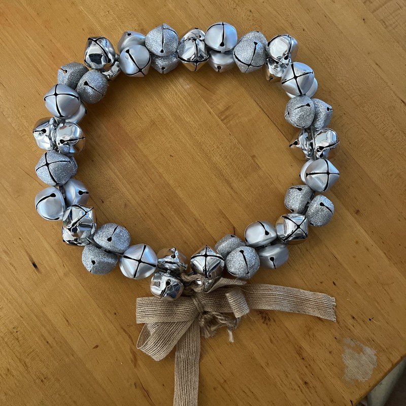 Elegant Christmas Jingle Bell Door Wreath Shiny, Matte and Glittery Silver 13"