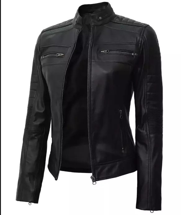 Cafe Racer Women Black Real Sheep Slim Fit Lambskin Biker Leather Jacket Gift