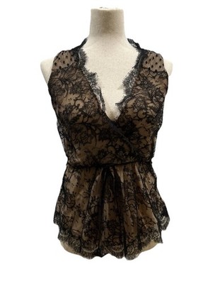 Oscar de la Renta Lace Overlay Top Silk Layered Nude Black Size 8